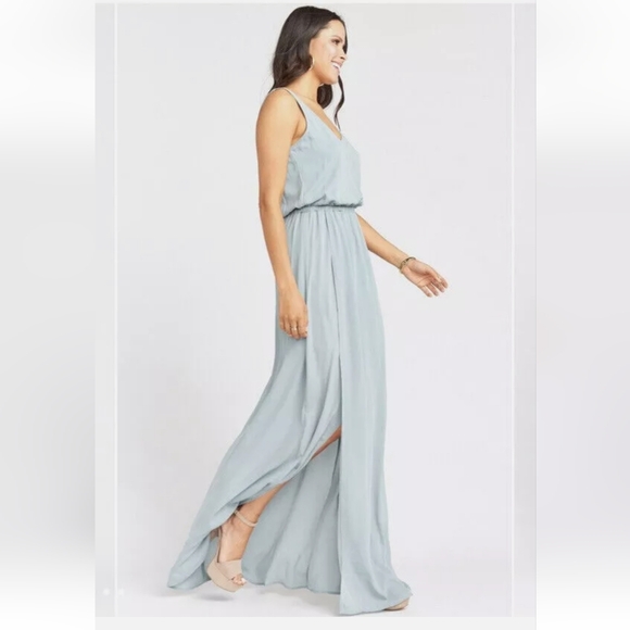 Show Me Your Mumu Kendall Maxi Dress V Neck Slit Blouson Silver Sage Blue Large - Picture 2 of 12